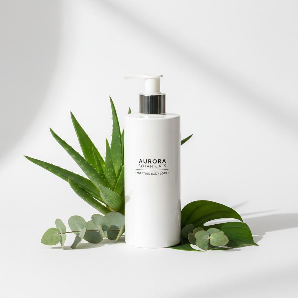 White pump bottle of moisturizing body lotion with aloe vera and green leaves on white background